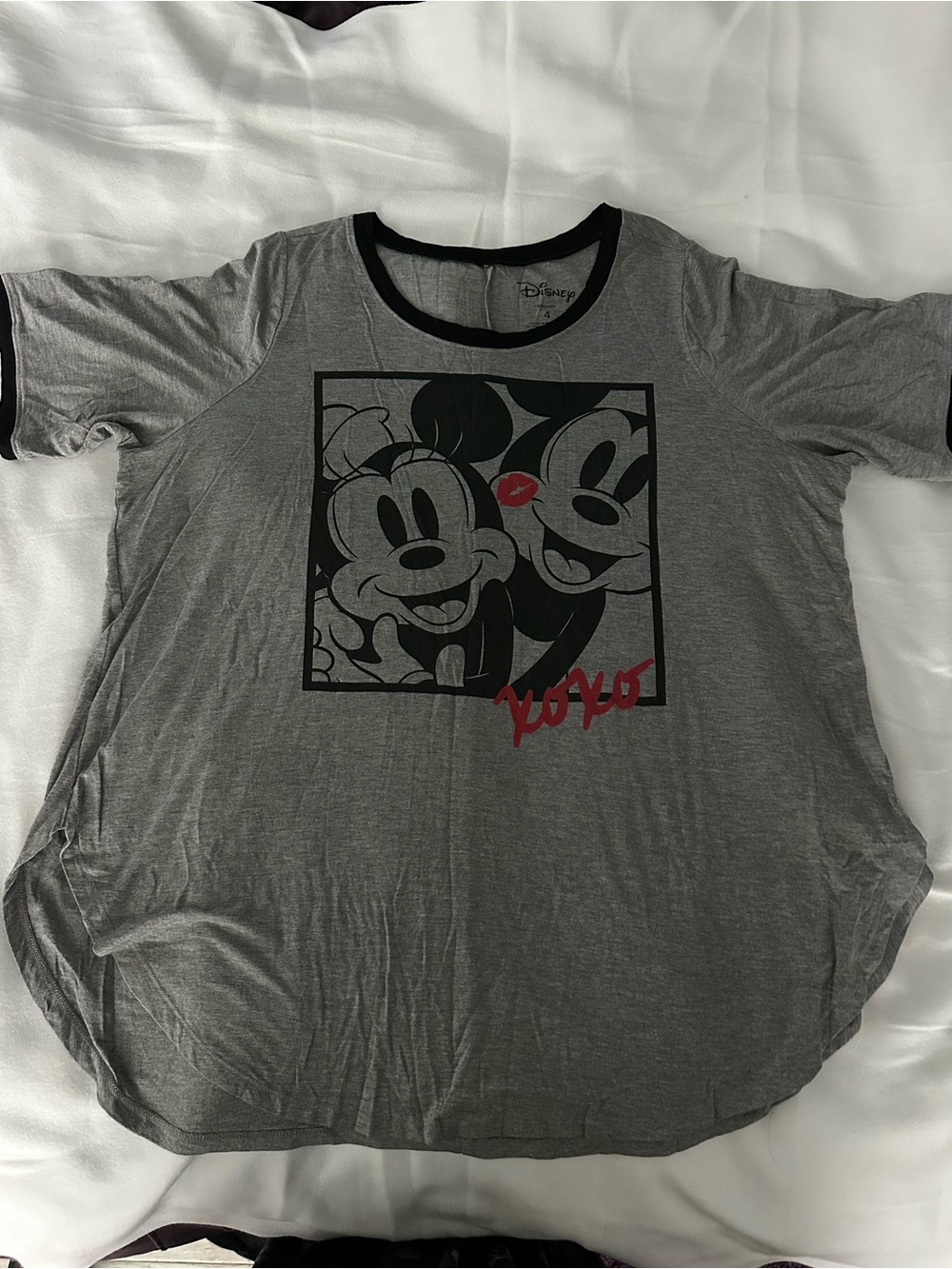 Disney Gray Mickey & Minnie Graphic Tee with Black Trim and Red Accent